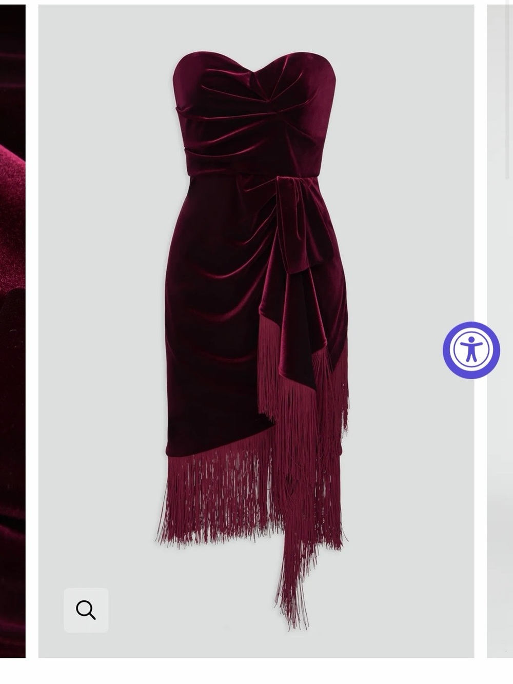 Theia Rosalie Strapless Stretch Velvet Fringe Cocktail Dress in Deep Burgundy
